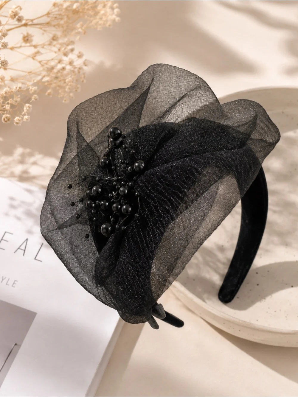 Elegant Black Floral Mesh Headband with Bead Accent